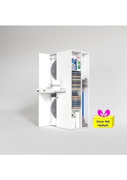 Kenzlife çamaşır-kurutma makinesi dolabı ahi evran sağ byz 187*090*60 çekmeceli + tekli duvar rafı hediye
