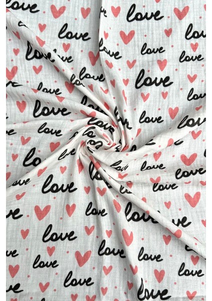 Love Yazılı Kalp Desenli Çift Kat Müslin Kumaş / Dry - 88