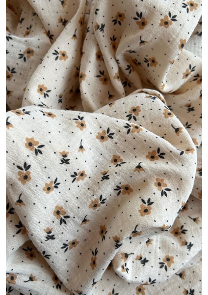 Krem Zemin Çiçek Desenli Çift Kat Pamuk Müslin Kumaş / Dry - 178