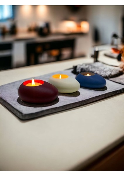 Three Drops Minimal Dekoratif Beton Tealight Mumluk 3'lü Set [ Bordo-Beyaz-Mavi ]