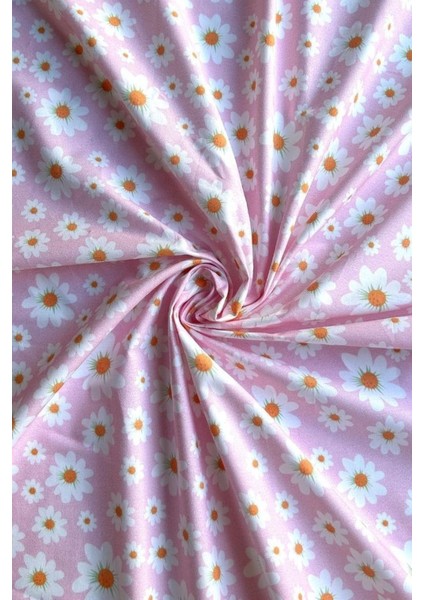 Pembe Zemin Papatya Desenli Pamuk Poplin Kumaş / Dry - 84