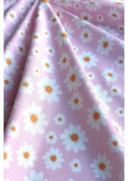 Pembe Zemin Papatya Desenli Pamuk Poplin Kumaş / Dry - 84