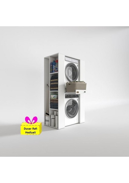 Kenzlife çamaşır-kurutma makinesi dolabı umare byz 187*110*60 çekmeceli raflı + tekli duvar rafı hediye