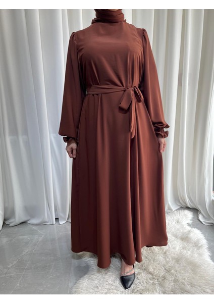 Model Asel Medine Ipeği Kolları Lastikli Astarlı Tesettür Elbise (Şalsız) - Tarçın