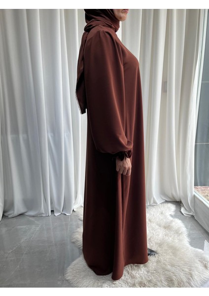Model Asel Medine Ipeği Kolları Lastikli Astarlı Tesettür Elbise (Şalsız) - Tarçın