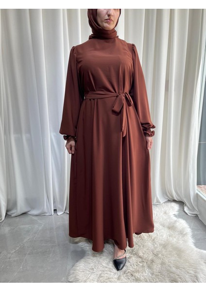 Model Asel Medine Ipeği Kolları Lastikli Astarlı Tesettür Elbise (Şalsız) - Tarçın