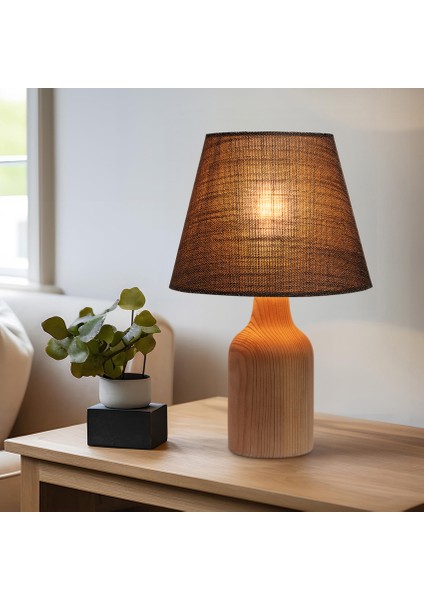 Kahve Ahşap Abajur Desenli Modern Şık Yatak Odası Salon Masa Lambası