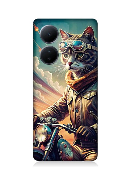 Vivo V29 Lite Uyumlu Motosiklet Kedisi Desenli Silikon Kılıf
