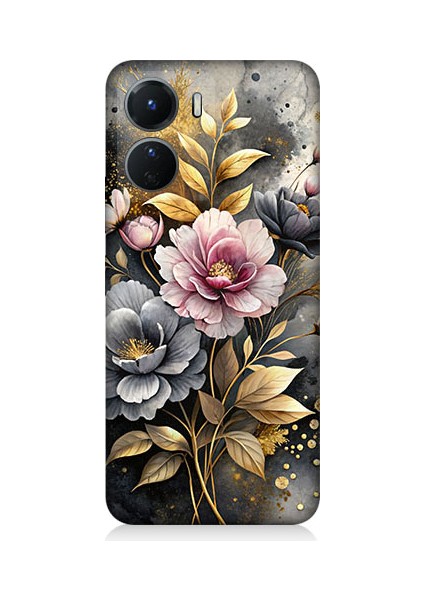 Vivo V16 Uyumlu Altın Çiçekler Desenli Silikon Kılıf