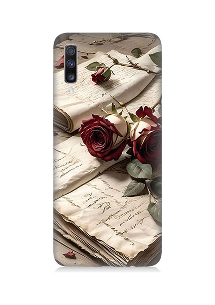 Samsung Galaxy A70 Uyumlu Mektup ve Güller Desenli Silikon Kılıf