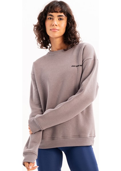 Bisiklet Yaka Nakışlı Şardonlu Içi Polarlı Gri Kadın Sweatshirt - Rigil