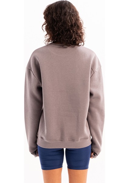 Bisiklet Yaka Nakışlı Şardonlu Içi Polarlı Gri Kadın Sweatshirt - Rigil modelleri