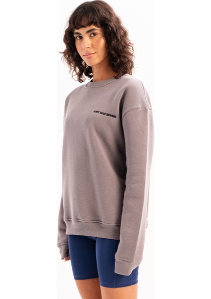 Bisiklet Yaka Nakışlı Şardonlu Içi Polarlı Gri Kadın Sweatshirt - Rigil