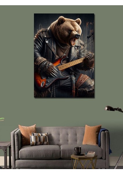 Kanvas Tablo Gitar Çalan Deri Ceketli Ayı