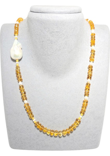 Mücevher Kesim Sitrin - Barok Inci Özel Tasarım %100 Doğal Taş Kolye