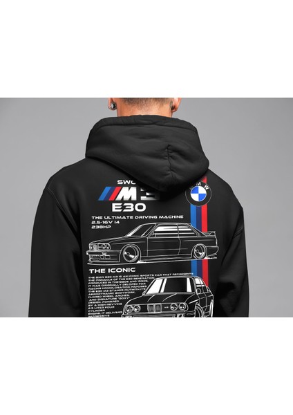 Bmw E30 Ön ve Sırt Baskılı Siyah 3 Ip Kalın Kumaş Sweatshirt Hoodie