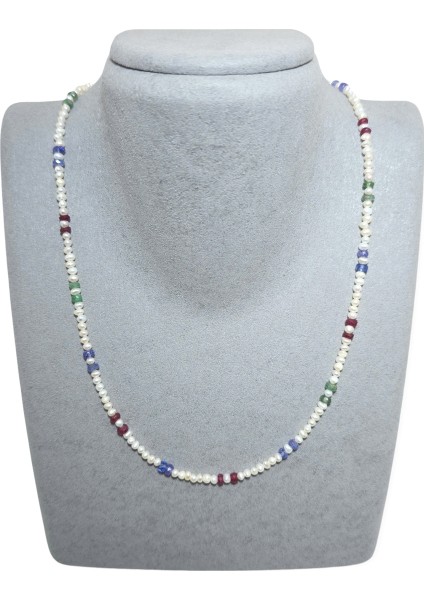 Kum Inci -Mücevher Kesim Yakut-Zümrüt-Tanzanit Özel Tasarım %100 Doğal Taş Kolye