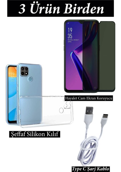 Oppo A15 - A15S Hayalet Ekran Koruyucu, Şeffaf Kılıf ve Şarj Kablosu Seti | 3'lü Koruma Paketi