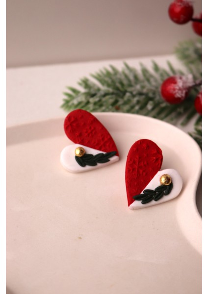 Polimer Kil Kırmızı Beyaz Kar Tanesi Dokulu Kokina Detaylı Kalp Küpe Yeni Yıl Noel Hediyesi Sevgililer Günü Kadın Küpe modelleri