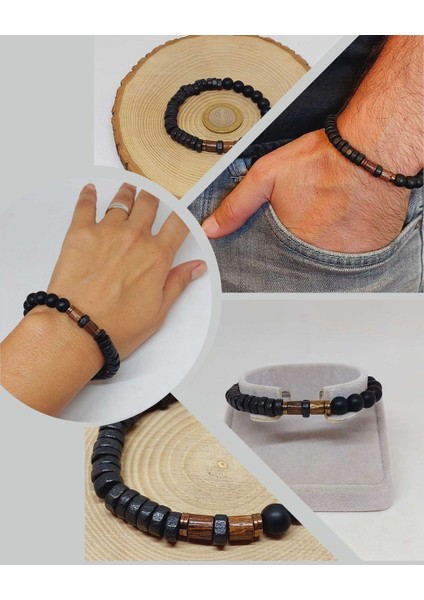 Ahşap Siyah Renkli & Oniks Taşı 8mm Tasarım Bileklik Hawaii Model (11130)