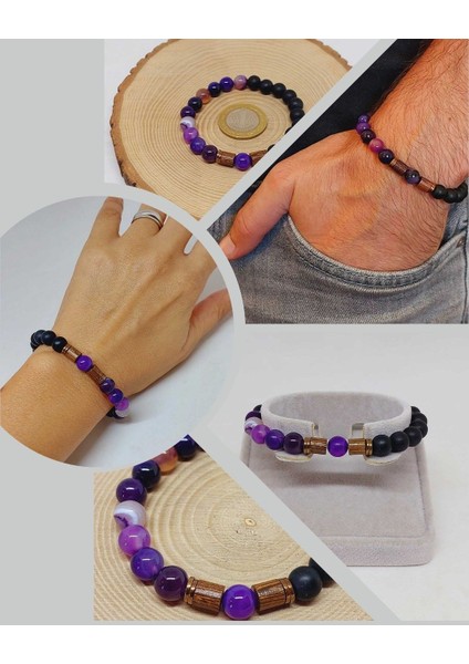Mor Akik & Oniks Taşı 8mm Tasarım Bileklik Hawaii Model (7777)