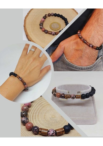 Rodonit & Oniks Taşı 8mm Tasarım Bileklik Hawaii Model (1853)