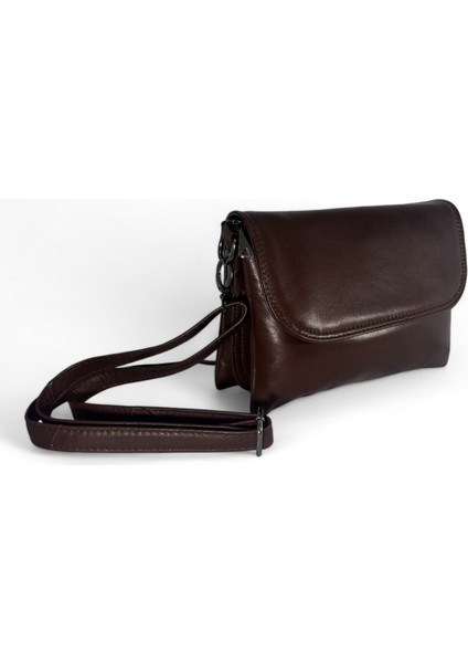 Hakiki Deri Soft Kapaklı Kahverengi Tek Askılı El Çantası-Kol Çantası-Omuz Çantası