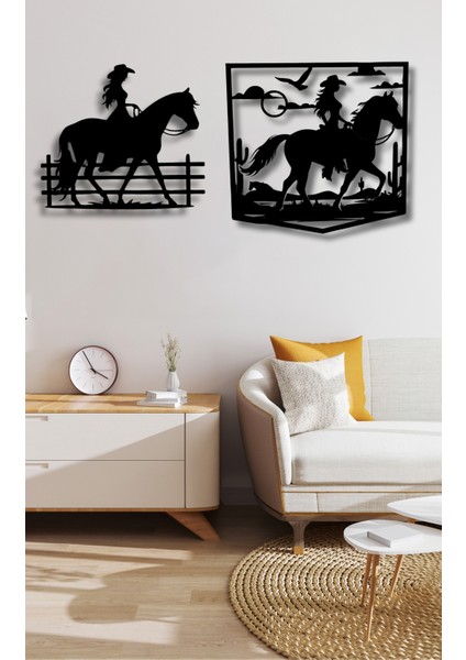 Göz Alıcı Kadın ve At Temalı 2 Parçalı Ahşap Duvar Dekoru 90 x 38 cm