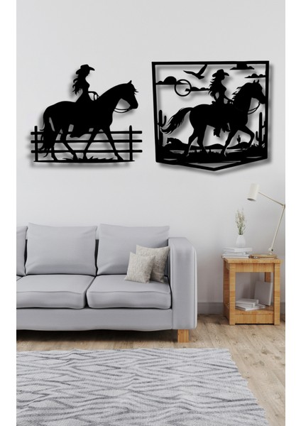 Göz Alıcı Kadın ve At Temalı 2 Parçalı Ahşap Duvar Dekoru 90 x 38 cm modelleri
