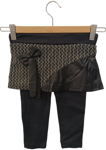 Deri Detaylı Kazayağı Desenli Çocuk Etek Tayt