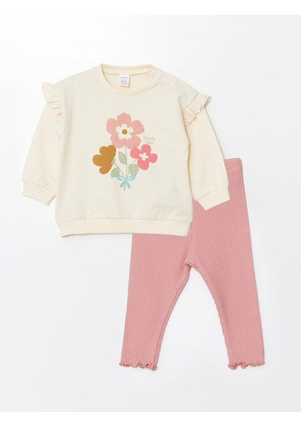 Lcw Baby Bisiklet Yaka Uzun Kollu Baskılı Kız Bebek Sweatshirt ve Tayt 2'li Takım