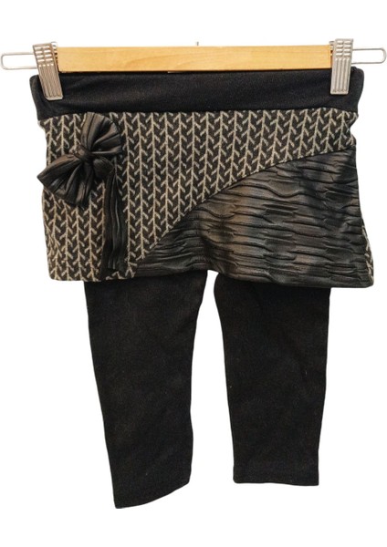 Deri Detaylı Kazayağı Desenli Çocuk Etek Tayt