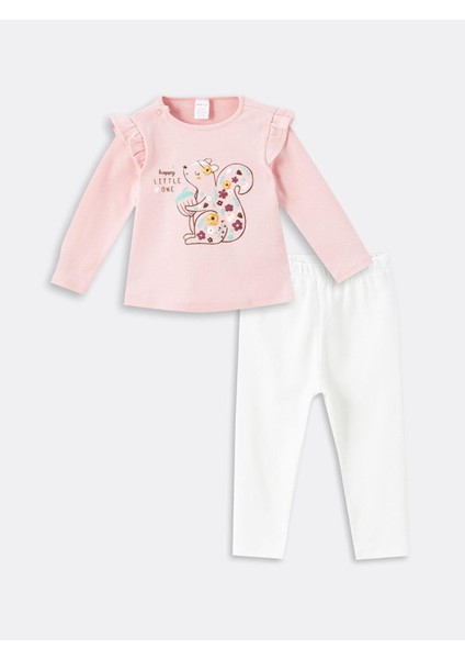 Lcw Baby Bisiklet Yaka Uzun Kollu Baskılı Kız Bebek Bluz ve Tayt 2'li Takım