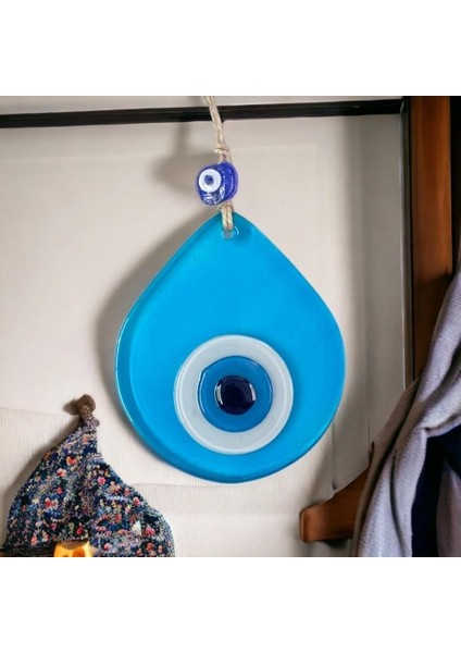 Orta Boy Şeffaf Turkuaz Damla Desen Nazar Boncuklu Duvar Dekoru Cam Duvar Süsü