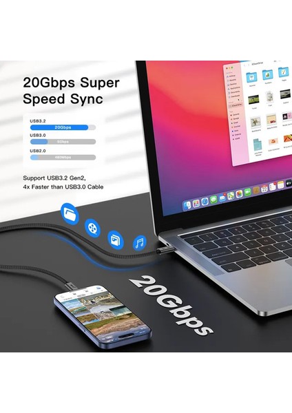 Type C To USB 3.2 Gen2 100W 5A Hızlı Şarj Data ve 4K Görüntü Aktarma Kablosu 20GBPS Gri 1 Metre