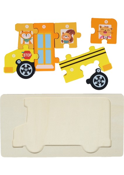Montessori 3D Doğal Ahşap Yapboz(Puzzle)Eğitici Öğretici Bulmaca Okul Otobüsü