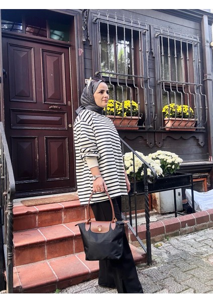 Çizgili Sweat Balon Kol Ikili Takım Siyah