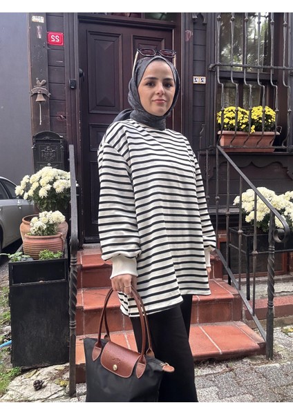 Çizgili Sweat Balon Kol Ikili Takım Siyah