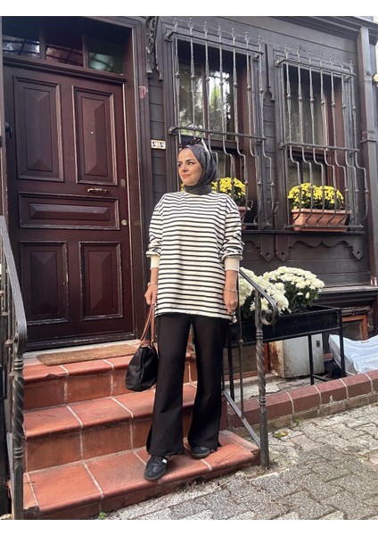 Çizgili Sweat Balon Kol Ikili Takım Siyah