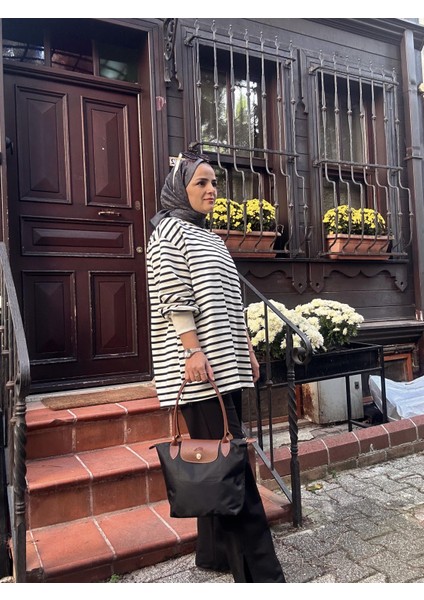 Çizgili Sweat Balon Kol Ikili Takım Siyah