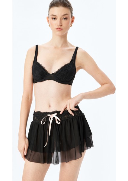 Fiyonk Detaylı Dantelli Mini Tül Şort Etek Pijama Altı