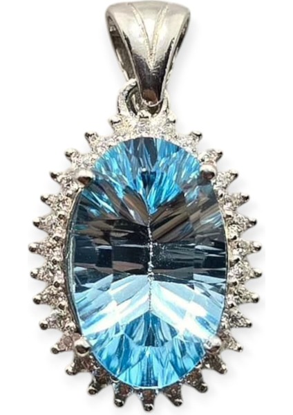 Swiss Blue Topaz 925 Ayar Gümüş Çerçeveli %100 Doğal Taşlı Kolye Ucu