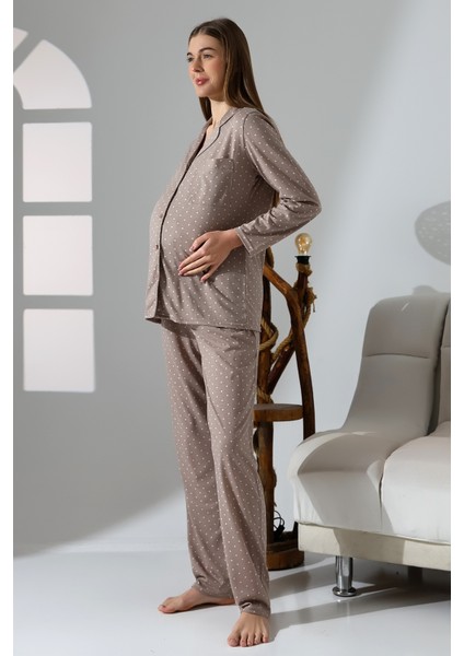 Penye Önden Düğmeli Hamile Lohusa Uzun Kol Pijama Takımı fırsatları