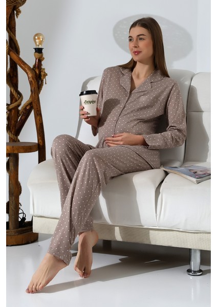 Penye Önden Düğmeli Hamile Lohusa Uzun Kol Pijama Takımı