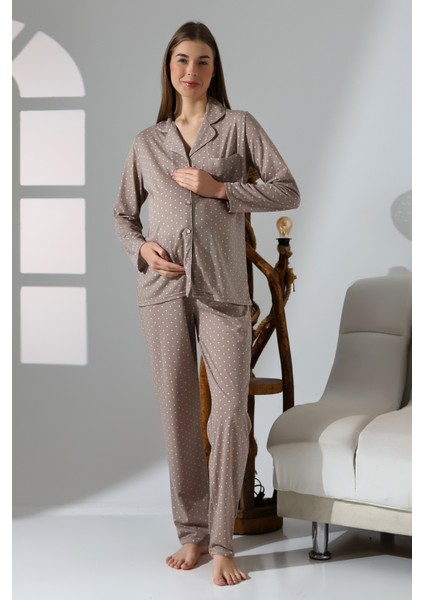 Penye Önden Düğmeli Hamile Lohusa Uzun Kol Pijama Takımı modelleri