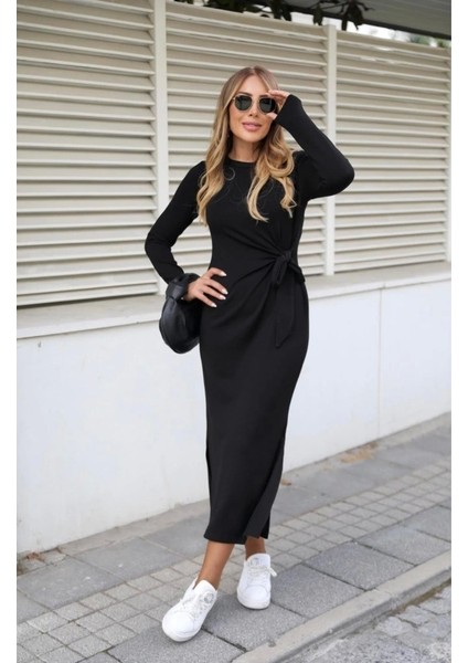 Kadın Uzun Kollu Bisiklet Yaka Belden Çapraz Bağlamalı Yandan Yırtmaçlı Uzun Viskon Iki Iplik Elbise