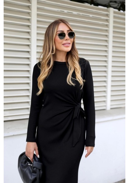 Kadın Uzun Kollu Bisiklet Yaka Belden Çapraz Bağlamalı Yandan Yırtmaçlı Uzun Viskon Iki Iplik Elbise modelleri