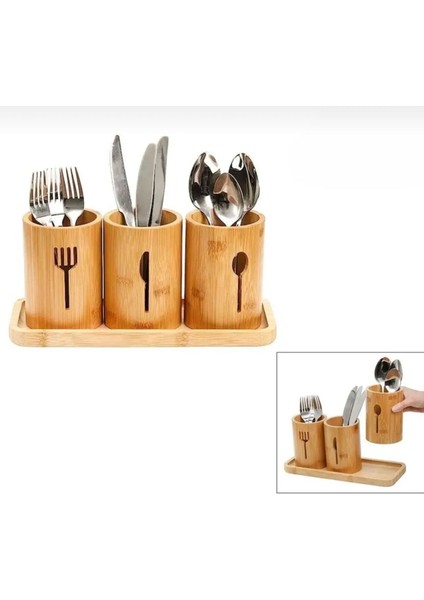 Bambu Kaşıklık Standlı 3lü Kaşık/çatal/bıçak Düzenleyici