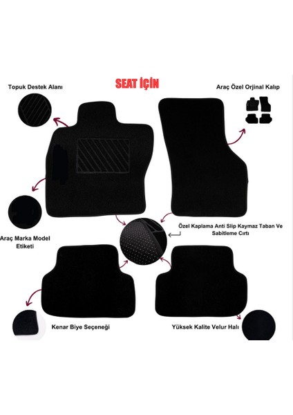 Seat Leon 2013 ve Sonrası Velur Halı Paspas (Özel Üretim Anti-Slip Kaydırmaz Taban)