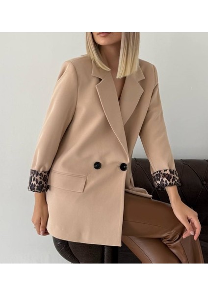 Bej Atlas Kumaş Leopar Astarlı Kadın Ceket